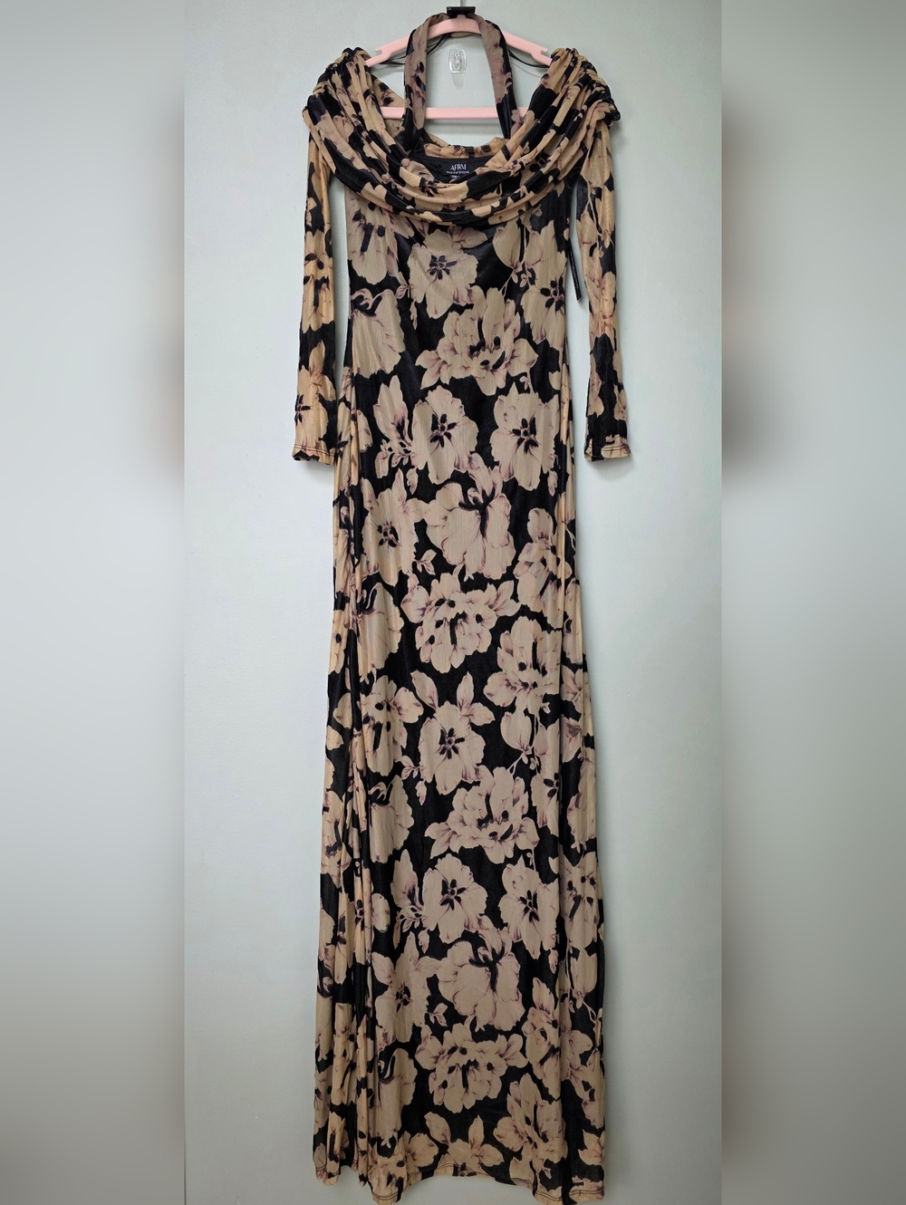 AFRM Arielle Burnout Velvet Off-Shoulder Halter Maxi Dress, Ivory Peony, XS - Picture 6 of 13